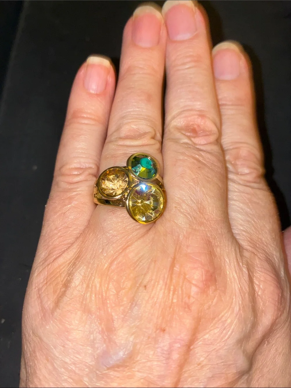 Gold Crystal Cluster Stretch Ring - Yellow & Teal Accent Very comfortable…